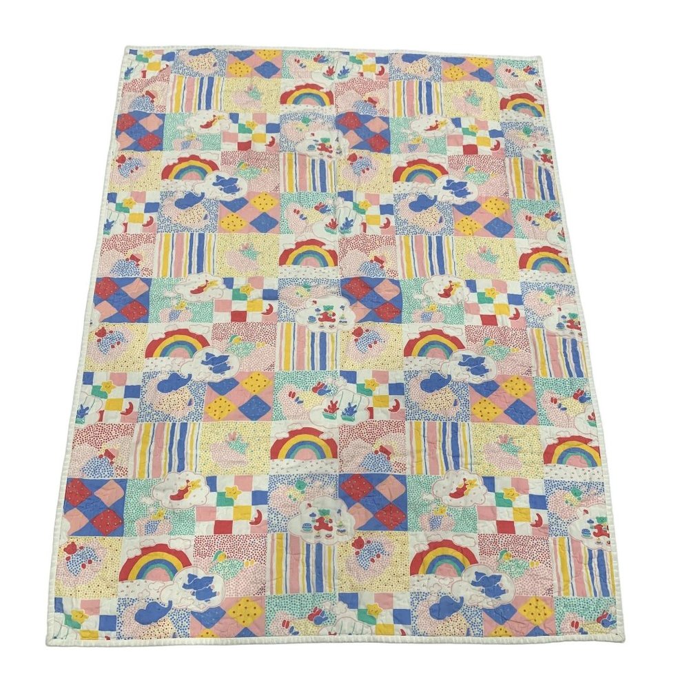 Vintage Handmade Quilted Blanket Rainbows Colorful Animals Gender Neutral 44x34